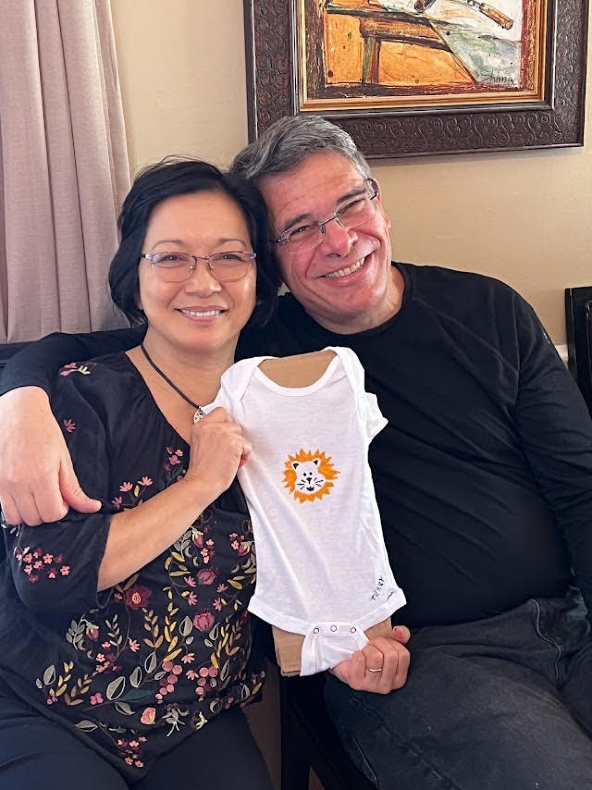 Terry and Brian at her goddaughter Claire's baby shower, February 2022