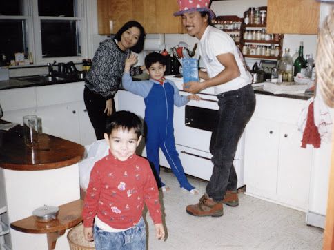 Terry with her sons Brian and Tim and her brother Tim in the kitchen in Stephentown
