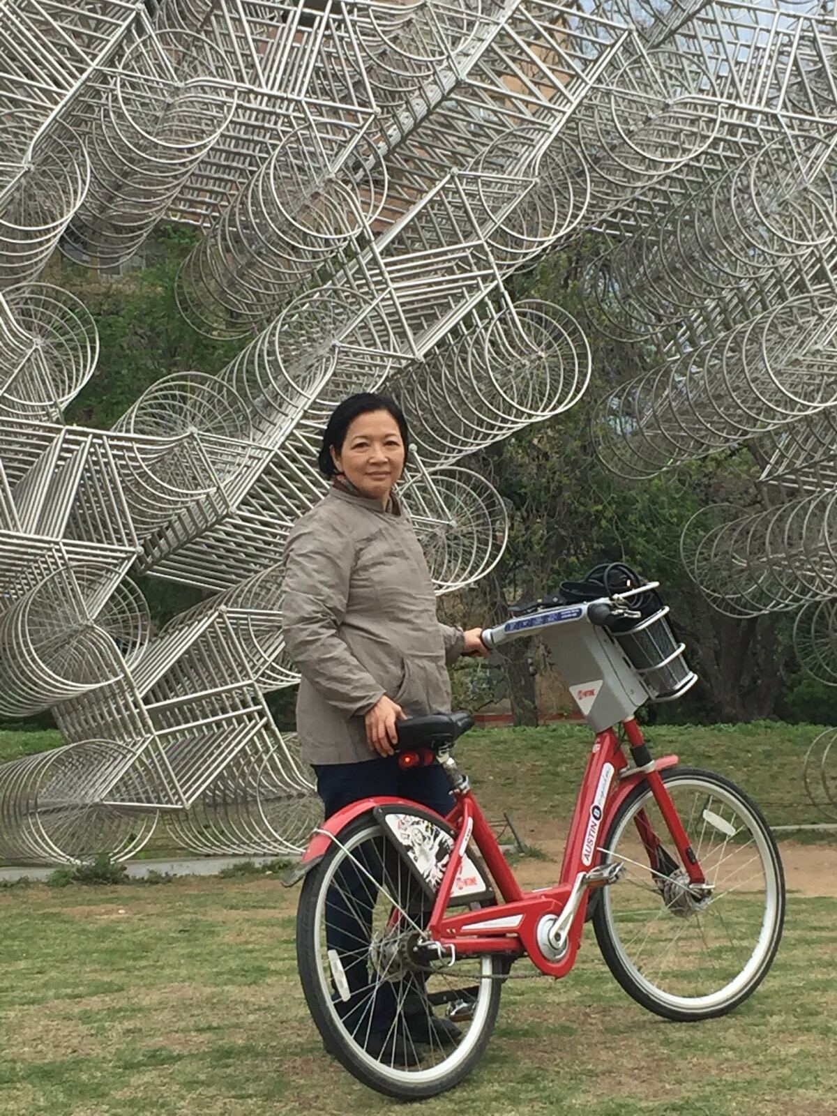 Terry riding a bike in Austin, Texas, one of her favorite pastimes